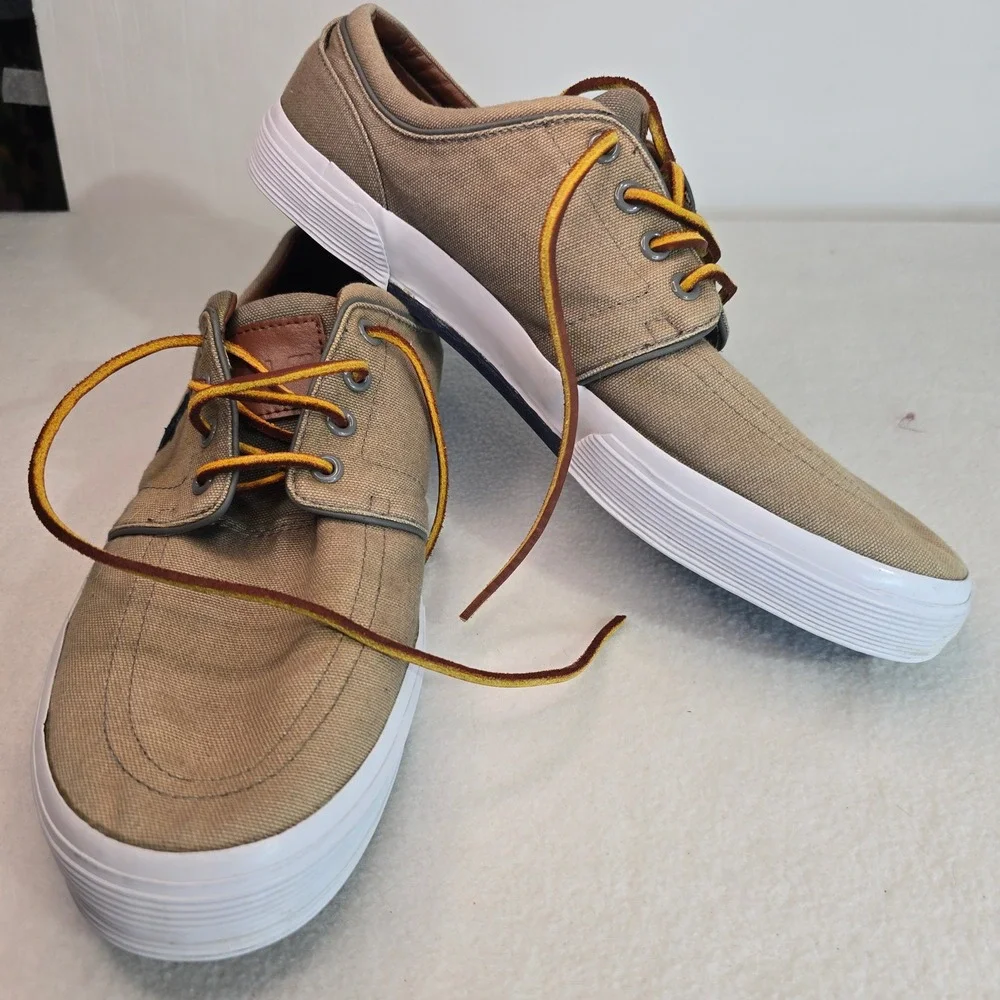 Polo Ralph Lauren Mens Canvas Sneakers Tan Preppy Leather Laces Pony Size 13D